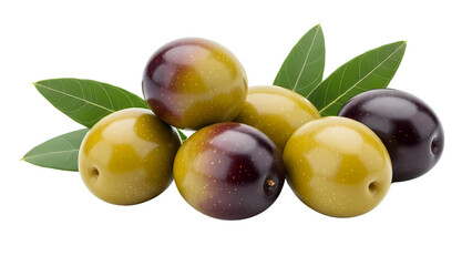 Obraz premium A fresh pile of green and black ripe olives with leaves, healthy Mediterranean ingredient on a transparent background