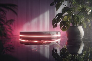 Abstract Product Display With Pink Neon Lighting And Tropical Plants