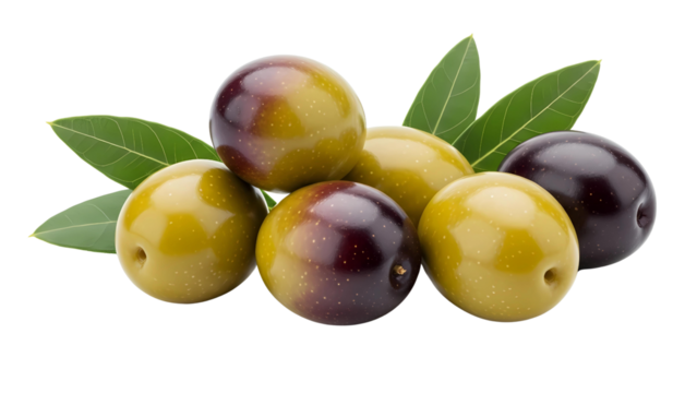 A fresh pile of green and black ripe olives with leaves, healthy Mediterranean ingredient on a transparent background
