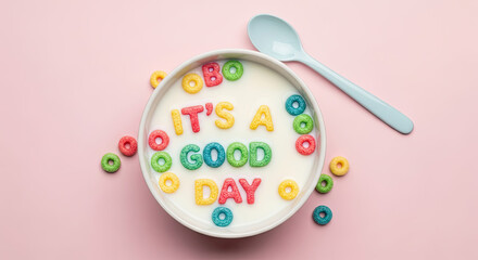 Colorful cereal bowl with milk and letters.