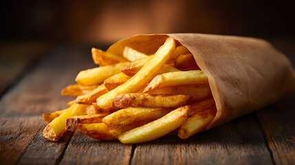 Golden potato strips are served in a rustic paper cone upon a wooden surface.