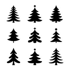 Collection of christmas tree icons in black silhouette