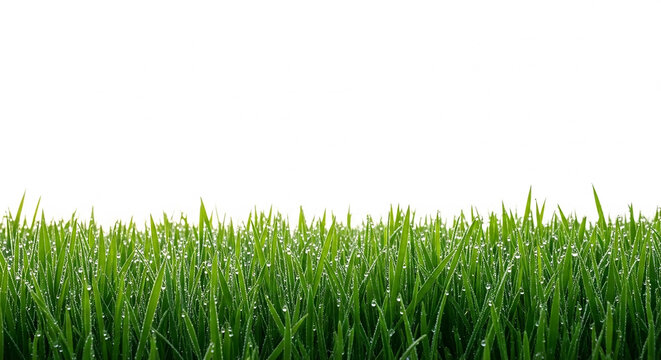 Green grass blades with morning dew droplets