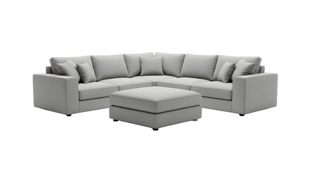 Modern gray sectional sofa with ottoman comfortable living room furniture isolated on white background