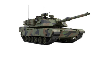 Camouflaged military tank a powerful armored vehicle isolated on white background for defense and combat illustrations