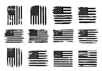 Monochrome Distressed American Flag Grunge Pattern Set.