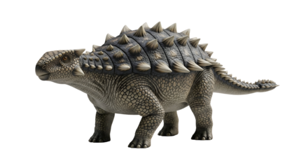 An Ankylosaurus, a massive armored dinosaur, stands proudly, its body covered in protective plates, isolated on transparent background