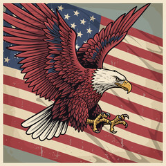Majestic Bald Eagle Landing with Distressed American Flag.