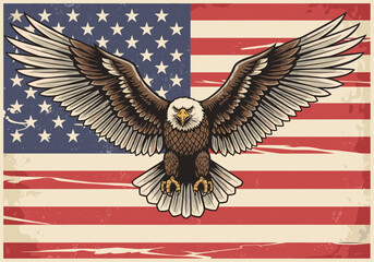 Soaring Bald Eagle with Outstretched Wings and American Flag.