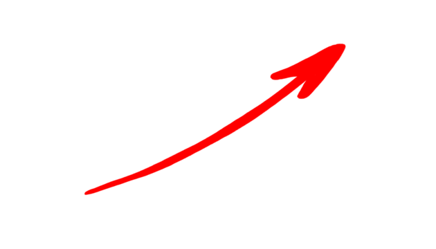 Red curved arrow hand-drawn on transparent background. Marker sketch arrow pointing up left, drawn by hand in doodle style for infographic, notes, or graphic design projects.