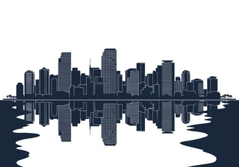 Minimalist Dark Cityscape Silhouette with Elegant Reflections in Calm Water
