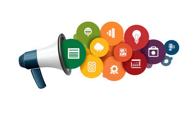 A megaphone surrounded by colorful social media icons symbolizing communication.