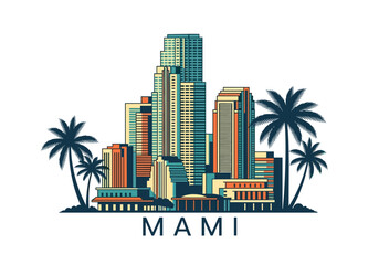 Retro Art Deco Miami Cityscape Illustration with Palm Trees and "MIAMI" Typography