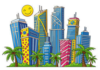 Playful and Colorful Cartoon Cityscape with Unique Buildings and Tropical Palm Trees