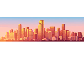 Detailed Retro Sunset Miami Cityscape with Atmospheric Reflections on Water