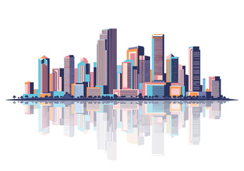 Dynamic Pop Art Miami Cityscape with Bright Multicolored Buildings and Water Reflections