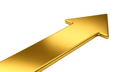 A golden arrow pointing upwards, symbolizing growth and progress, isolated on transparent background
