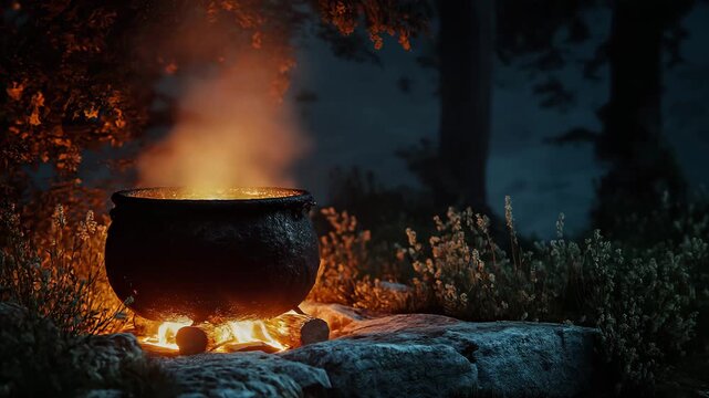 Witch's Cauldron Bubbling Open Fire Forest Night Photorealistic