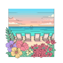 Serene Beach Sunset with Lounge Chairs and Tropical Flowers Border Illustration