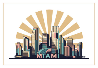 Stylized Miami City Skyline with Sunburst Background and Colorful Accents