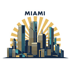 Miami City Skyline with Sunburst Effect and Retro Colors Vector