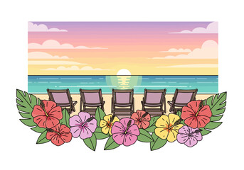 Tropical Beach Sunset Scene with Lounge Chairs and Colorful Flowers