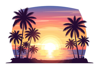 Idyllic Tropical Sunset Beach with Palm Trees and Colorful Ocean Reflection