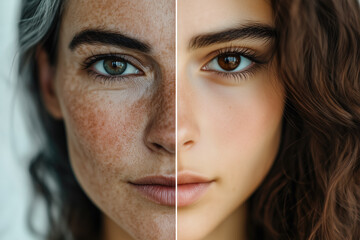 A portrait split a woman showing old and youth age. Generative AI.