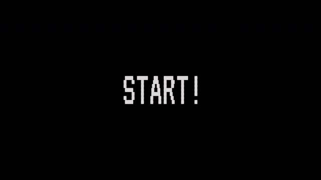 Pixelated retro game START! message flashes on a black background, indicating a beginning 4K video text animation for vintage arcade game	 - Powered by Adobe