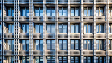 Obraz premium Modern Building Facade with Geometric Pattern Contemporary Architecture Urban Design Exterior Wall Structure Office Windows Reflection Sunlight