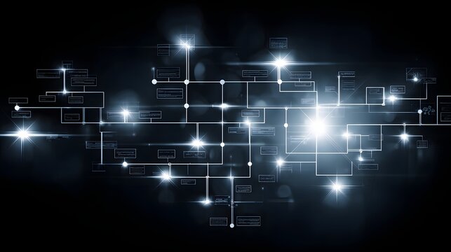 Illuminated digital connections form an abstract flow chart across a dark background