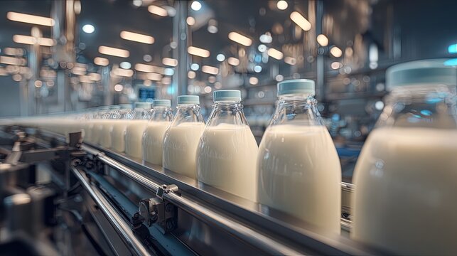 Milk Bottles On Conveyor Belt In Modern Dairy Processing Facility