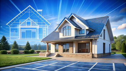 Modern Home Design with Blueprint Overlay 3D Rendering House Exterior Residential Architecture Property Real Estate Future Construction Planning Visualization
