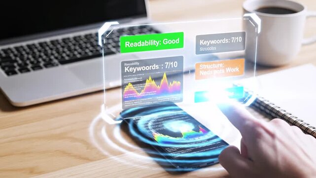 Person interacting with a holographic interface over a phone, laptop, and coffee cup on a wooden desk
