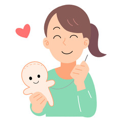 人物のキャラクターのぬいぐるみを手作りする女性のイラスト