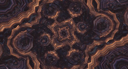 Intricate abstract symmetrical pattern resembling a dark mineral or crystalline formation with earthy tones.