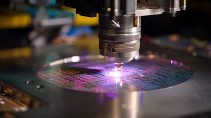 Precision Laser Technology in Use, Highlighting Semiconductor Manufacturing with Advanced Equipment and Colorful Light Reflection