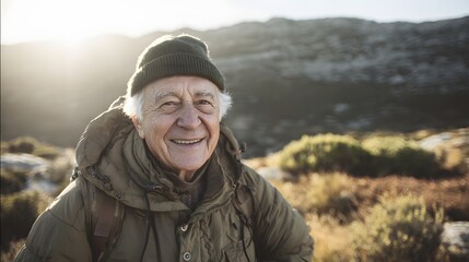 Elderly male adventurer smiles warmly while standing outdoors in a sunlit, rugged landscape