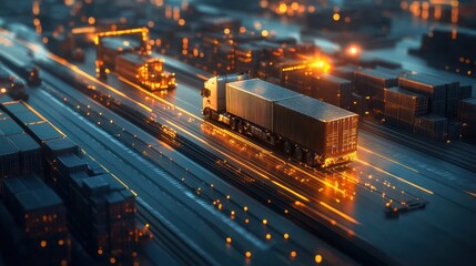 Futuristic Logistics Network with Illuminated Trucks and Containers