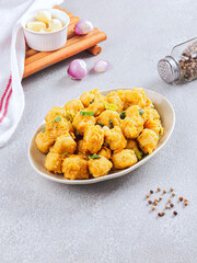 Indonesian Crispy Fried Tofu with Spicy Chili Garlic Sauce – Traditional Tahu Crispy Sambal Bawang Asian Snack Food Photography