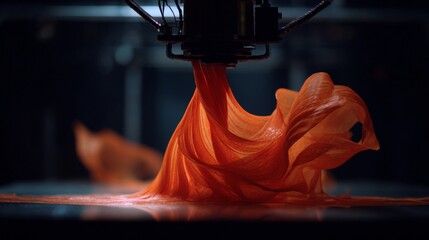 Captivating Flow of Vibrant Orange Material in High-Tech Production Process Captured in Detailed Close-Up