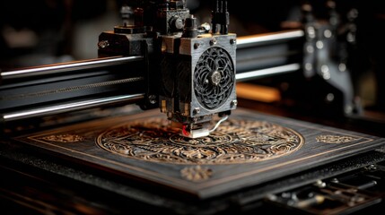 Advanced Laser Engraving Machine Crafting Intricate Designs on Wood with Precision and Detail in a Creative Workshop Environment