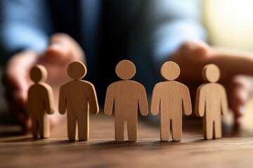 Protection and Unity: A symbolic image showing safeguarding and unity with a line of wooden figurines representing individuals, protected by caring hands, representing a business concept.