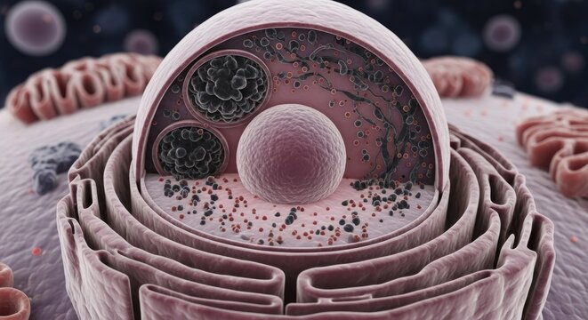 Detailed 3d render of a human cell nucleus and organelles