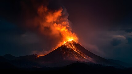 Fiery mountain erupts spectacularly under a dark night sky