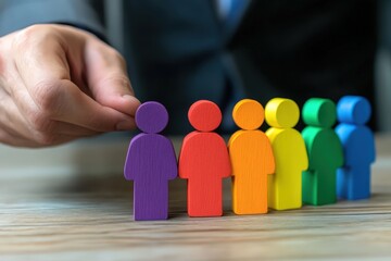 Inclusive Team: A hand places a vibrant figure in a line of diverse, colorful shapes, symbolizing teamwork, inclusivity, and the strength found in unity.