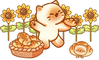 Cat and bread hand-drawn illustration