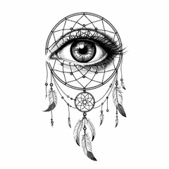 All-Seeing Eye Dreamcatcher Tattoo Design  Symbolic Feather Web Art in Monochrome