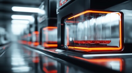 Close-up View of Sleek Modern Technology with Illuminated Interfaces and Transparent Containers Showcasing Innovative Design Elements