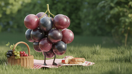 Funny Grape Bunch Character Standing on Picnic Blanket with Basket of Fruit and Sandwiches Outdoor Summer Scene
